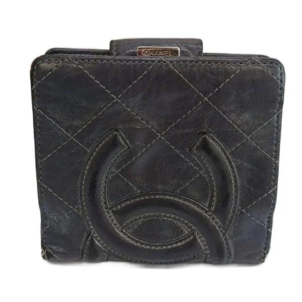 シャネル CHANEL カンボンライン 財布 二つ折り がま口 レザー キルティング ココマーク 黒...