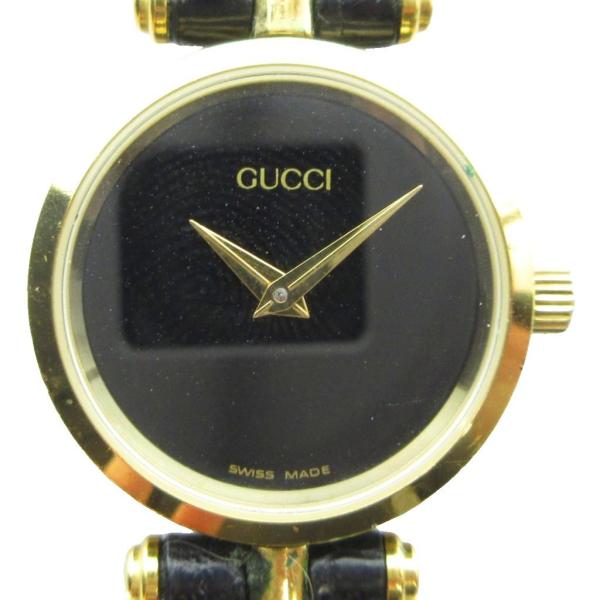グッチ GUCCI 腕時計 クォーツ ウォッチ 黒文字盤 ロゴ レザーベルト ゴールド色 ■GY18...