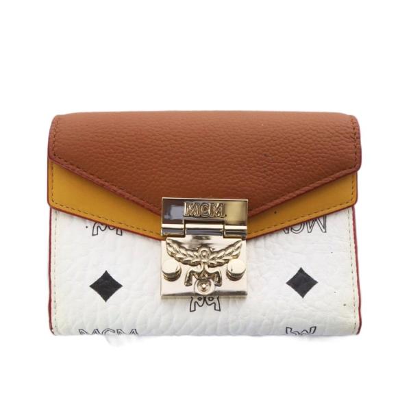 エムシーエム MCM 財布 ウォレット 三つ折り 小銭入れあり レザー 白 ホワイト 茶 ブラウン ...