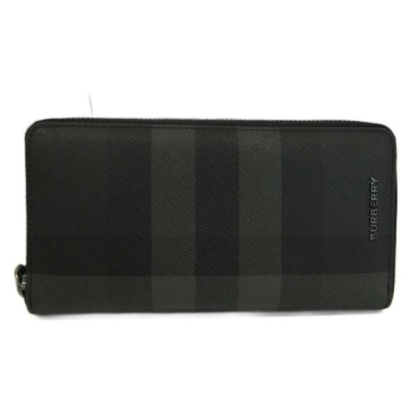 バーバリー BURBERRY 長財布 PVC レザー ラウンドファスナー チェック柄 ロゴ 黒 ブラ...