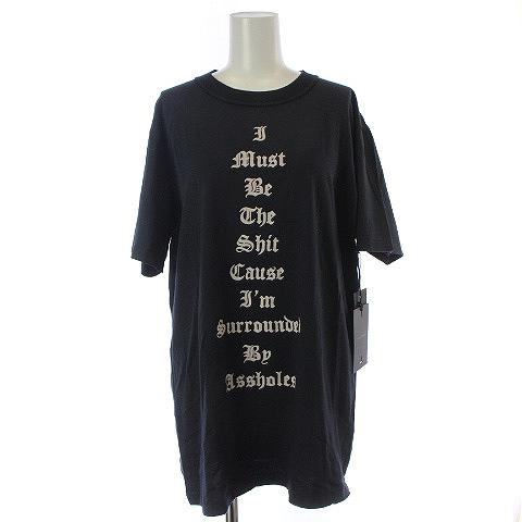 ユニフ UNIF Tシャツ カットソー 半袖 ロゴ プリント クルーネック オーバーサイズ XS 紺...