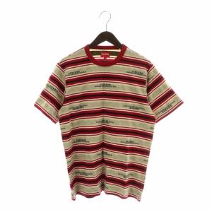 シュプリーム SUPREME 18AW HQ Stripe S/S Top Tシャツ カットソー 半袖 クルーネック ジャガード ボーダー ロゴ 総柄 M 赤 ベージュ｜vectorpremium