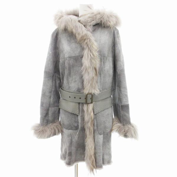 ノーブランド コート ミドル丈 フード ベルト付き ラクーンファー ラビット L グレー系 /UD ...