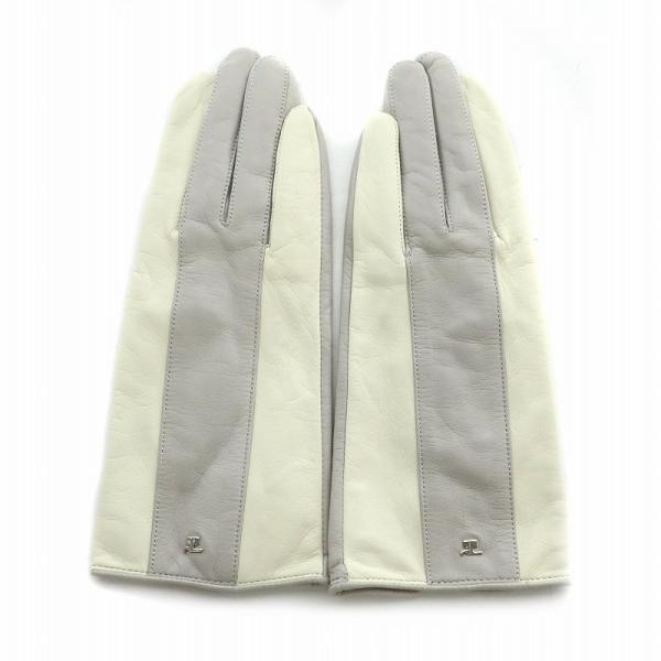 クレージュ courreges 手袋 グローブ レザー 皮革 総裏地 灰 グレー 白 ホワイト /M...