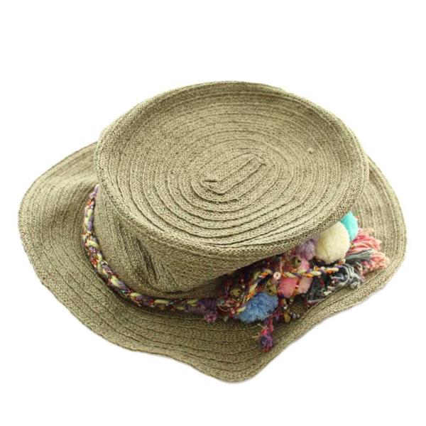 カシラ CA4LA 麦わら帽子 ストローハット 麻 リネン 鈴 フリンジ ポンポン ベージュ /XZ...