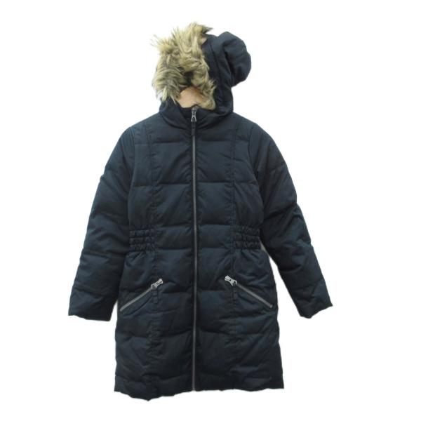 ランズエンド LANDS' END ダウンコート ロング丈 L 6X-7 紺 フード付き 無地 ジッ...