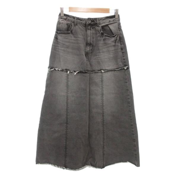 ジーナシス JEANASIS デニムスカート ロング M フレア フリンジ 黒 ブラック グレー /...