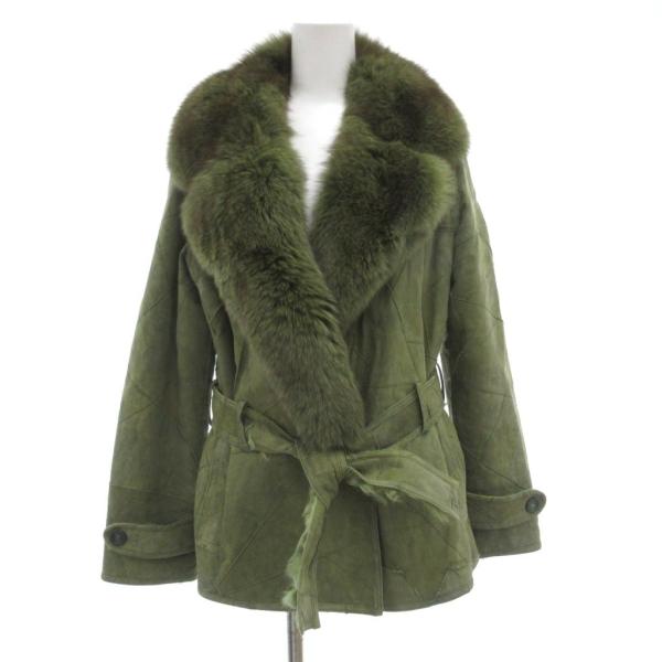 ノーブランド ムートンコート 羊革 フォックスファー レザー ベルト付き グリーン /UO レディー...