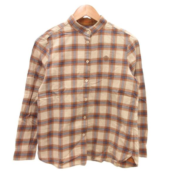 スキャパ SCAPA バンドカラーシャツ 長袖 ノーカラー チェック柄 刺繍 38 茶 ブラウン ベ...