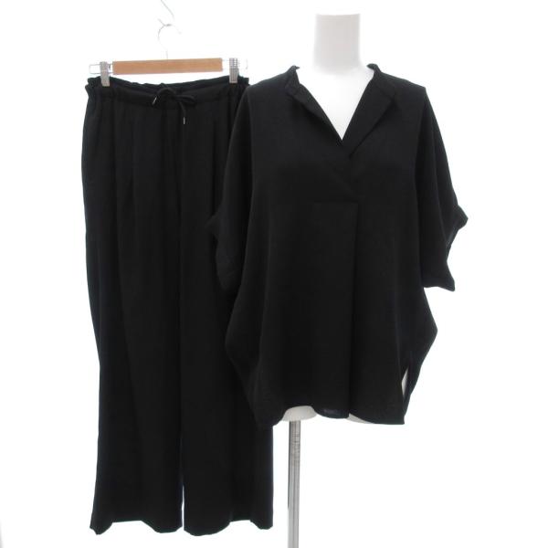 カリテ qualite セットアップ カットソー パンツ オープンカラー イージー 五分袖 38 黒...