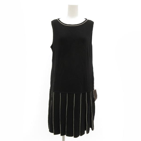 未使用品 フォクシー FOXEY タグ付き ワンピース ニット ノースリーブ プリーツ 42 黒 ブ...