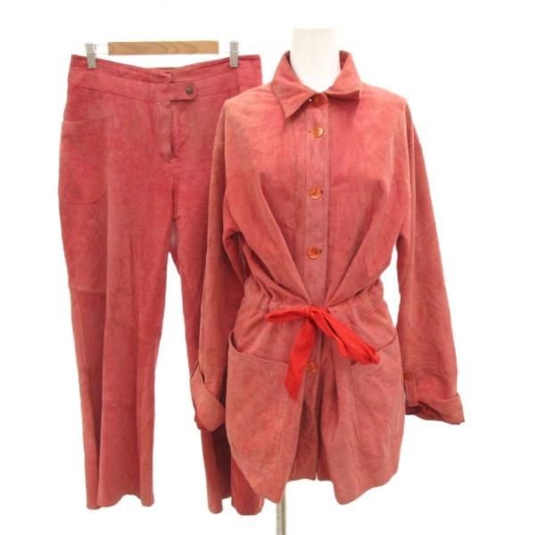 ケンゾー KENZO セットアップ シャツジャケット パンツ スラックス ヌバック レザー 40 赤...