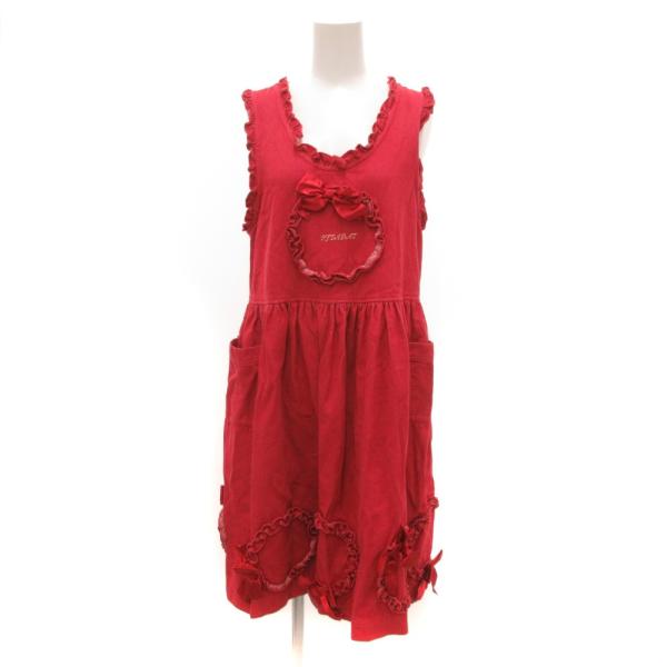 PITAPAT ヴィンテージ ワンピース ミモレ ロング フリル ハート ロゴ 160 赤 レッド ...