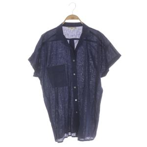 クリスチャンオジャール リネン混 フレンチスリーブオープンカラー シャツ チュニック丈 半袖 バックボタン 9 紺 ネイビー