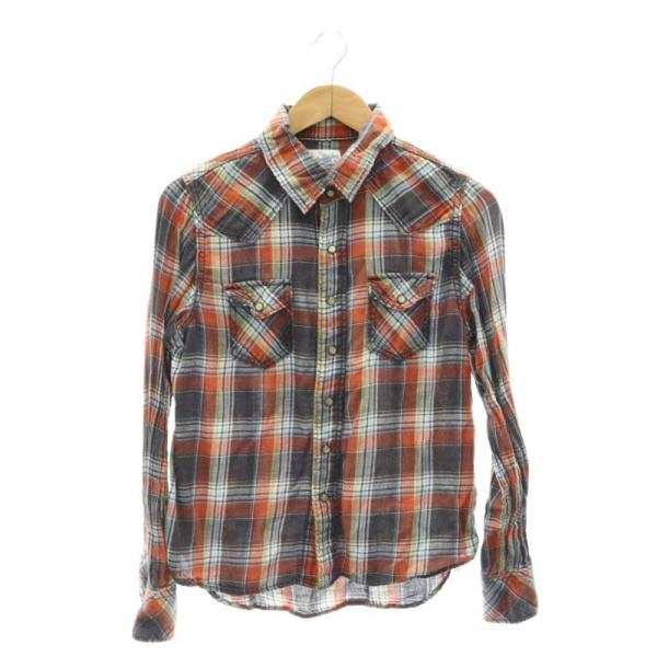 ティーエムティー TMT チェック柄ウエスタンガーゼ長袖シャツ リネン混 XS 茶 グレー ブラウン...