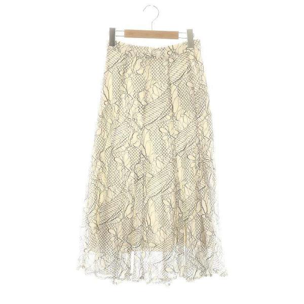 マイストラーダ Mystrada レースフレアスカート ロング 刺繍 36 オフホワイト 黒 ブラッ...