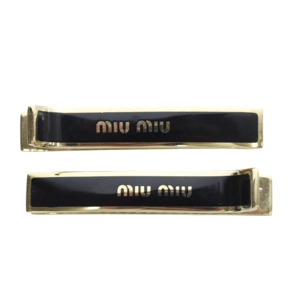 ミュウミュウ miumiu ヘアクリップ ヘアピン メタル ロゴ 2個セット ブラック ゴールド色 ...