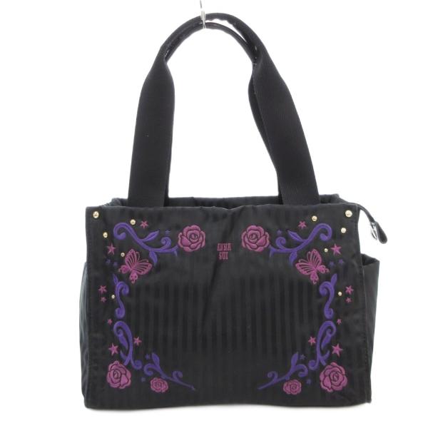 アナスイ ANNA SUI ハンドバッグ 刺繍 花柄 ストライプ 黒 ブラック /AE レディース