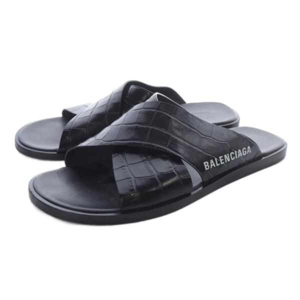 バレンシアガ BALENCIAGA 型押しサンダル ミュール レザー 41 黒 ブラック /SR24...