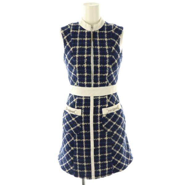 ローブドフルール ROBE de FLEURS フロントジッパー×チェックツイードミニキャバドレス ...