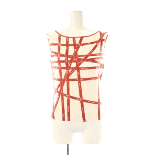 エルメス HERMES リボン柄ノースリーブカットソー タンクトップ L レッド 赤 ホワイト 白 ...