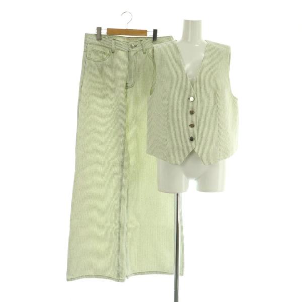 ザラ ZARA セットアップ上下 ベスト ワイドパンツ ストライプ コットン USA M グリーン ...