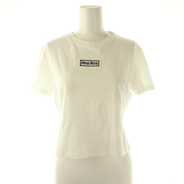 ミュウミュウ miumiu コットンロゴ刺繍Tシャツ カットソー XS ホワイト ブラック MJN4...