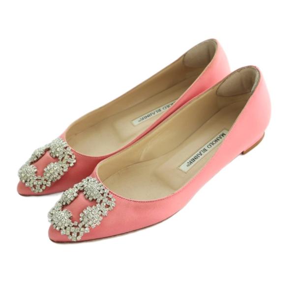 マノロブラニク MANOLO BLAHNIK ハンギシ フラットパンプス サテン ビジュー 34.5...