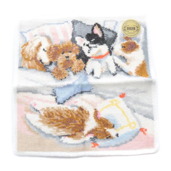 未使用品 フェイラー FEILER ドリーミングパピー ハンドタオル 総柄 白 ホワイト /SR レ...