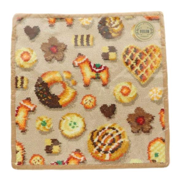 未使用品 フェイラー FEILER フィーカタイム タオルハンカチ 総柄 クッキー柄 ベージュ /M...