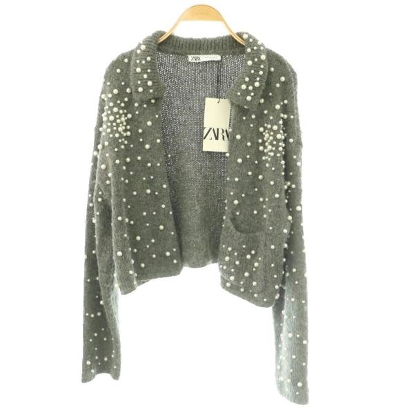 未使用品 ザラ ZARA タグ付き パールニットカーディガン セーター M グレー /SS ■OS ...