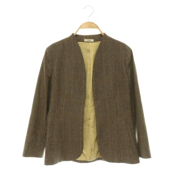 ラルディーニ LARDINI ウール グレンチェック ノーカラージャケット 総裏地 38 ブラウン ...