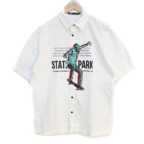 未使用品 ザラ ZARA カジュアルシャツ 半袖 プリント S 白 ホワイト /FF49 メンズ