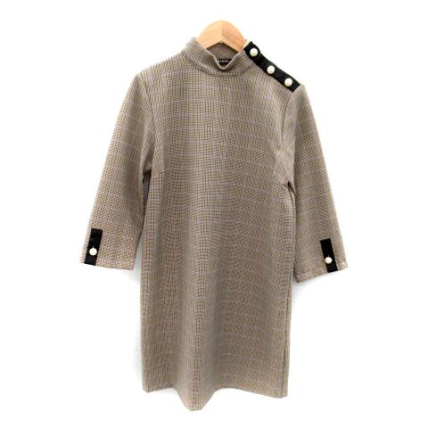 ザラ ベーシック ZARA BASIC ワンピース ミニ丈 長袖 ハイネック チェック柄 千鳥格子柄...