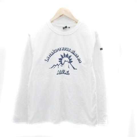 エーグル AIGLE Tシャツ カットソー ラウンドネック 長袖 プリント M オフホワイト 紺 ネ...