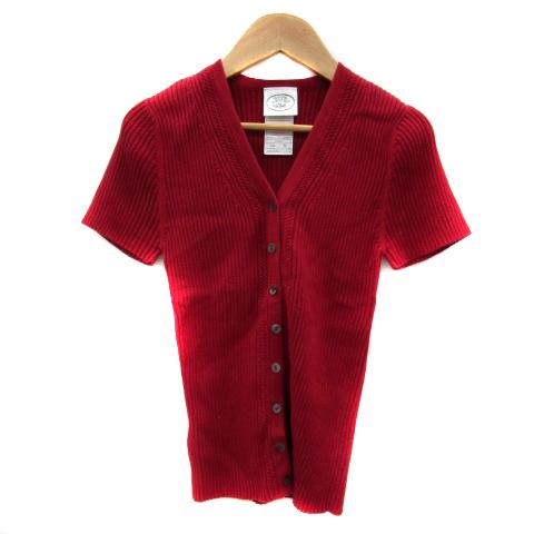 ローラアシュレイ LAURA ASHLEY リブニット カットソー 半袖 Vネック 無地 S 赤 レ...