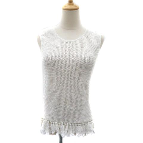 バビロン BABYLONE ニット カットソー ノースリーブ Uネック フリンジ 透かし編み 無地 ...