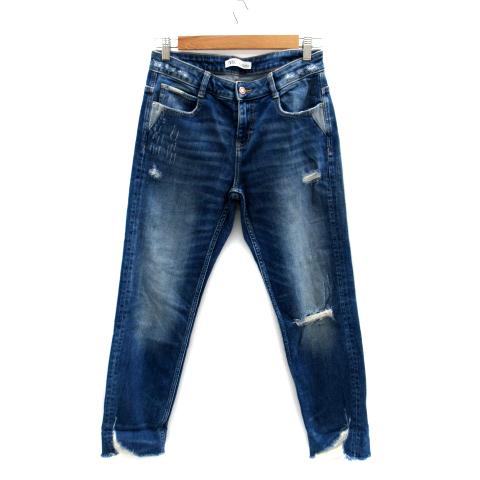 ザラ ZARA デニムパンツ ジーンズ テーパード ロング丈 ダメージ加工 36 S 青 ブルー /...