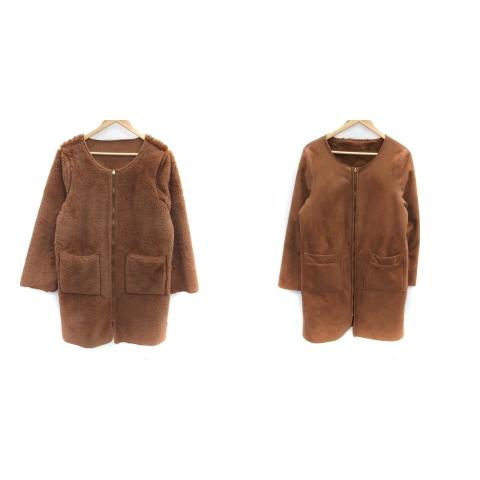 グローブ grove ノーカラーコート リバーシブル ロング丈 フェイクファー スエード調 L 茶 ...