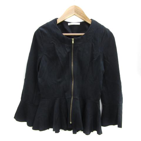 エムドゥ M.deux ノーカラージャケット ミドル丈 ラウンドネック ジップアップ 無地 38 M...