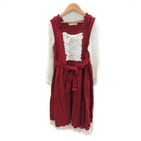 フェイバリット Favorite ワンピース ミモレ丈 長袖 レースアップ ウエストリボン M〜L ...