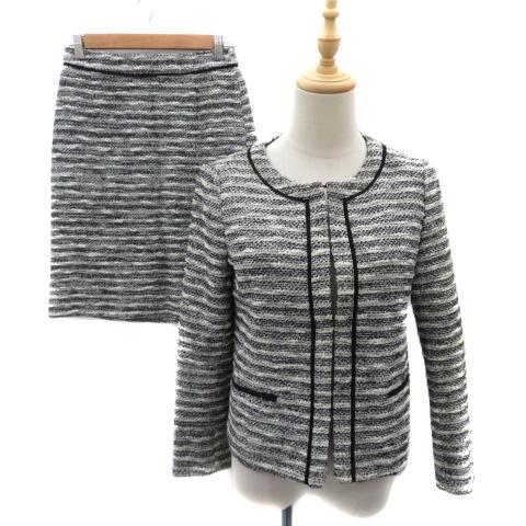 インディヴィ フォーマル セットアップ 上下 ノーカラージャケット フレアスカート ひざ丈 ボーダー...