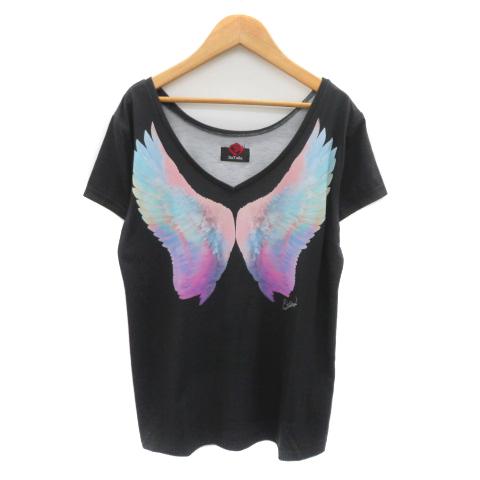 ダチュラ DaTuRa Tシャツ カットソー 半袖 Vネック プリント F マルチカラー 黒 ブラッ...