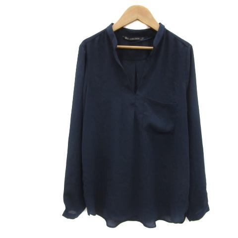 ザラ ベーシック ZARA BASIC ブラウス シャツ 長袖 スリットネック 無地 S 紺 ネイビ...