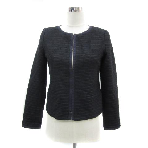 組曲 クミキョク KUMIKYOKU ノーカラージャケット ミドル丈 ボーダー柄 ツイード 2 紺 ...