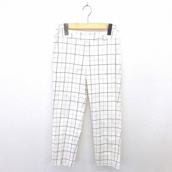 ナチュラルビューティーベーシック パンツ テーパード チェック ジップフライ 薄手 綿 XS 白 黒...