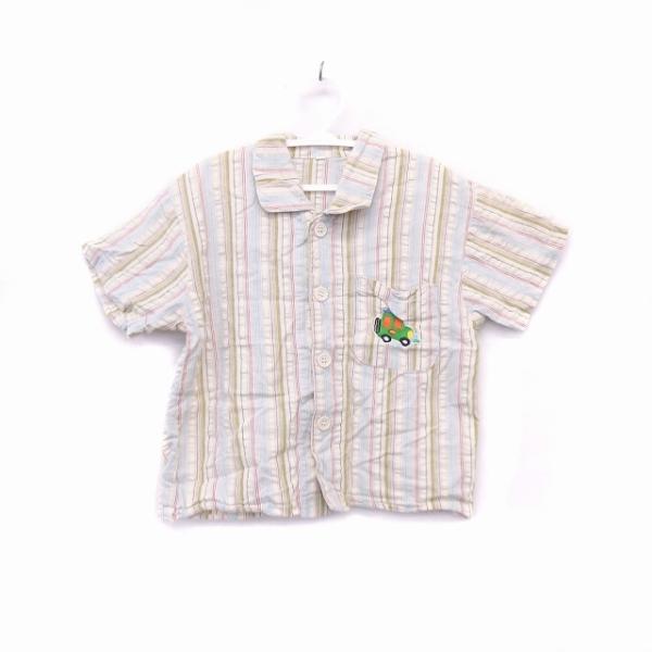 子供服 シャツ ブラウス 半袖 コットン 綿 ストライプ 柄 刺繍 車 110 アイボリー /HT8...