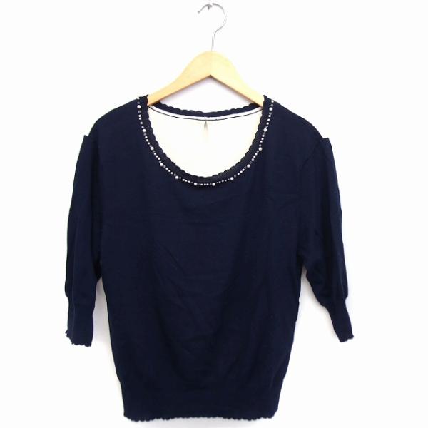 フェルゥ Feroux ニット セーター レース 装飾 丸首 七分袖 綿混 2 ネイビー 紺 /FT...