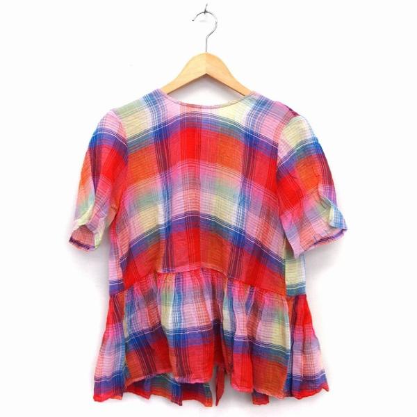 ザラウーマン ZARA WOMAN カットソー 丸首 五分袖 背あき 薄手 綿 チェック 柄 リボン...