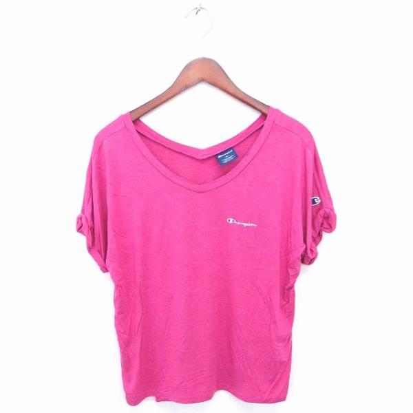 チャンピオン CHAMPION Tシャツ カットソー Vネック ロゴ刺繍 半袖 M ショッキングピン...